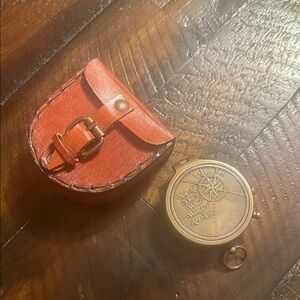 Vintage Style Brass Compass with Red Leather Pouch